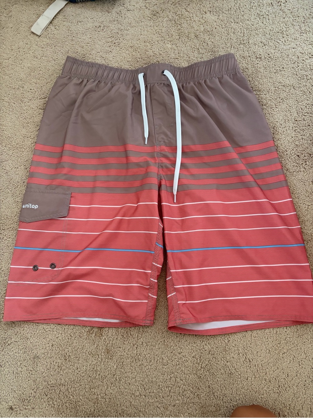 Striped Brown & Red Men's Swim Board Shorts with Drawstring